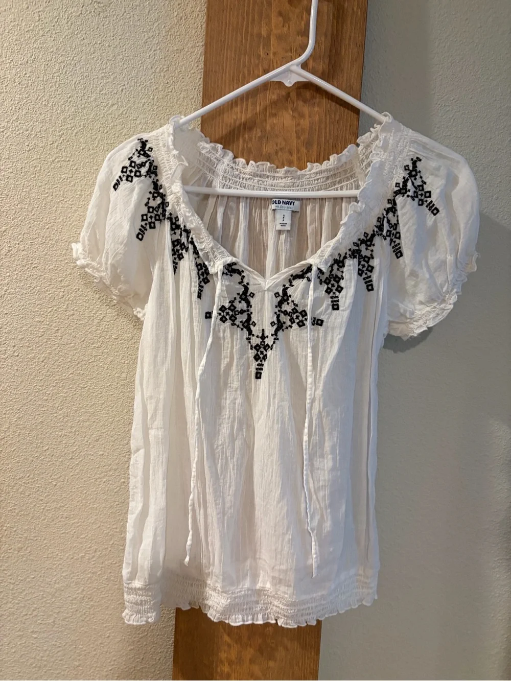 Old Navy White Blouse with Black Embroidery